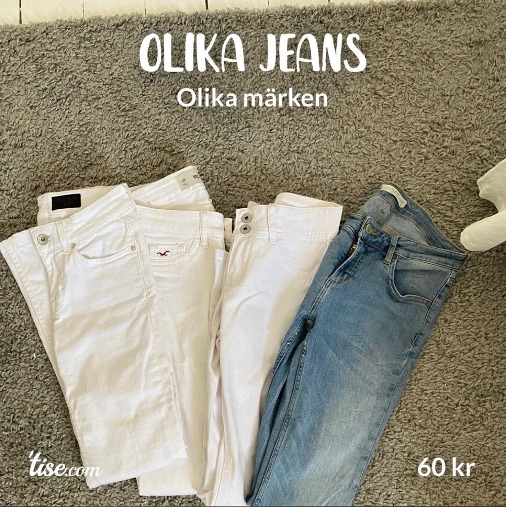 1. Vita jeans- tiger of Sweden: Storlek xs/s 2. Vita jeans- Hollister: Storlek W24 ( xs/ s )  3. Vita jeans- Kappahl: storlek 158, passar xs/s 4. Blå jeans- Storlek xs/s  60kr/ styck  Köparen betalar frakt 🤍. Jeans & Byxor.