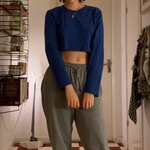 Blå långärmad - Blå croppad tröja, storlek M. Tröjan har tydliga sömmar vid axlarna och jag har croppat den själv. Jag är 172cm och tröjan slutar strax över naveln om jag står rakt med armarna längs sidorna. 