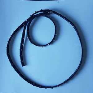 Döskalle bälte - Ett bälte med nitar som föreställer döskallar, mer bilder fås vid intresse! Den är 170cm lång och hålen är 38cm in, de är placerade mellan döskallarna så det är enkelt att göra fler hål om så önskas! Använd få gånger men en döskalle saknas nära spännet tyvärr men inget som märks, därav lågt pris. 