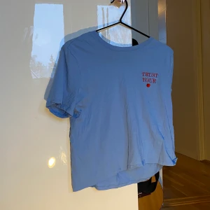 Trust your ❤️ t-shirt - Ljusblå tshirt från monki med ett broderi på vänstra bröstet. Står ”Trust your❤️” i rött. Använd 1 gång. Från monki i storlek XS. Köparen betalar frakt.