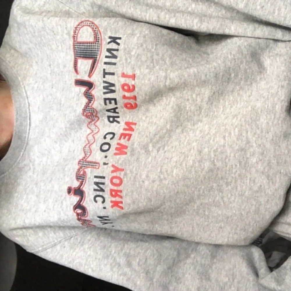 Grå champion sweatshirt. Storlek S men stor i storleken så skulle nog säga M. Använd få gånger och är i mycket bra skick. Dm för frågor och intresse💘☺️. Tröjor & Koftor.