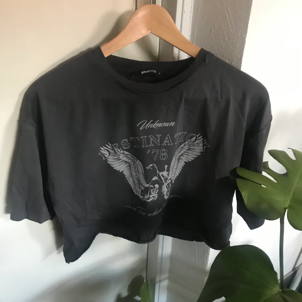 Cool croppad T-shirt med tryck från Gina Tricot. Använd 1 gång, ser helt ny ut. Inga märken / fläckar / hål. Säljer då den inte kommer till användning. . T-shirts.