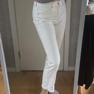 Vita jeans från H&M i en straight-leg modell, lite kortare byxor som slutar strax över ankeln på mig som är 165. Superfina och bra material, har knappt fått användning av dem tyvärr då de är lite för stora för mig. De är i storlek 40 och sitter såhär på mig som vanligtvis har storlek 38. Kan mötas upp i Ale/Kungälv annars skickar jag i postnords blåa påse som kostar 59 kr☺️ Vet inte vad storlek 40 räknas som men skulle säga att det är en stor M/liten L🥰