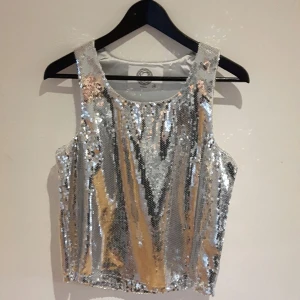  - 
Silvrig topp med paljetter! Storlek 34, men den passar även en 36:a och  38:a. (Jag är storlek 38)

Köpt på Solo, endast använd 1 gång! 