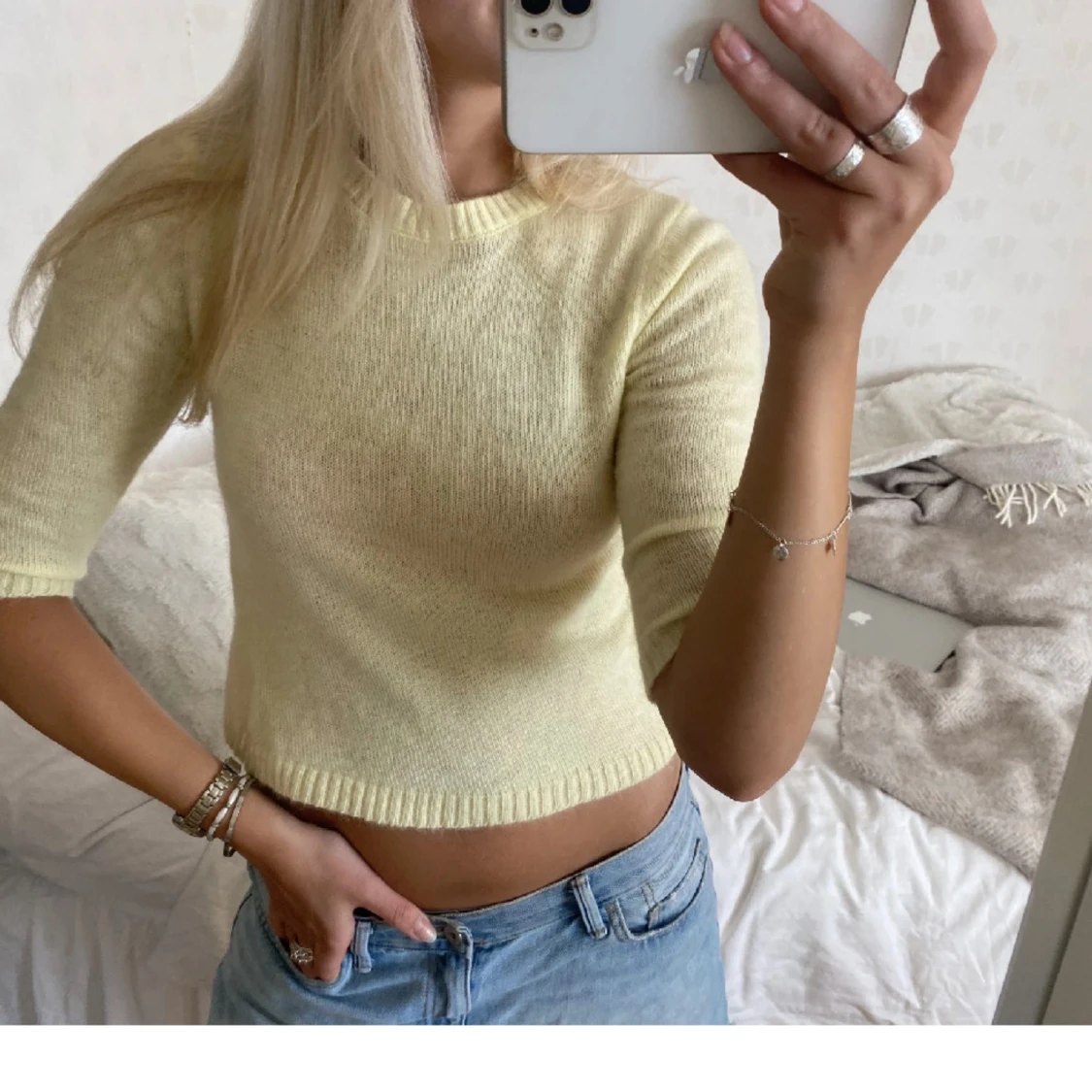 Gul stickad angora trekvartsärm tröja