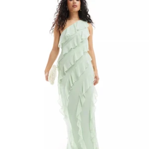 Mintgröna maxiklänning - Mintgrön enaxlad maxiklänning i chiffong med volang. Helt oanvänd med prislappen kvar. Normal i storleken. 