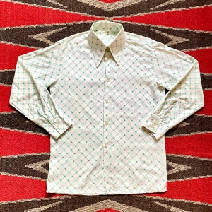 70-tal, Rutig Skjorta - Riktigt schysst rutig skjorta med dolk-krage från 70-talet. Tyget har förutom de gröna rutorna även ett fint invävt mönster (se bild 3). Fin under tröja! Längd-70cm Axlar-42cm Bröst-52cm Midja-50cm Ärm-54cm Krage-38cm. Priset är förhandlingsbart! ⭐️