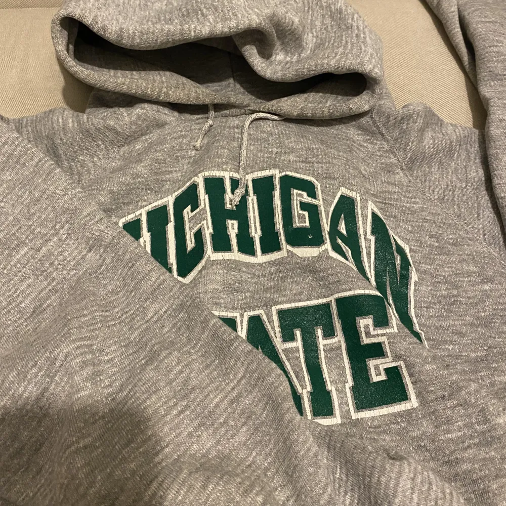 Vintage college hoodie från Michigan State, luvan är lite sne men inget som syns om man inte har den uppe. Ett litet hål under ena armen men går att fixa . Hoodies.