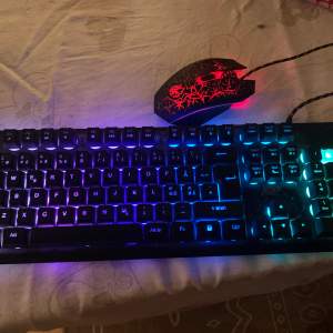 ADX tangentbord och mus som lyser i olika färger. En tangent har ramlat av. 
