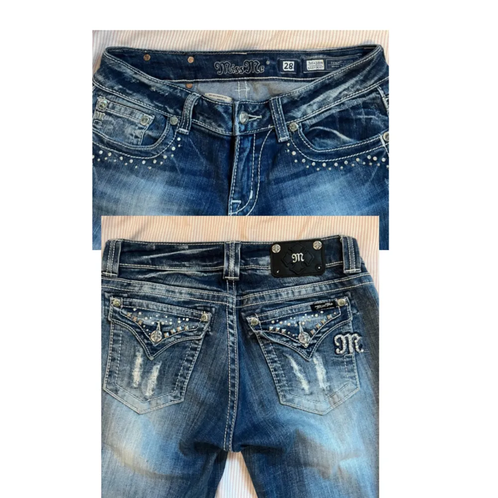 Supersnygga Lågmidjade bootcut jeans från miss me med ascoola fickor. Perfekta 2000s jeansen. Midjemått 39cm (tvärs över, höft till höft) innerbenslängd 82cm. Orginalpriset är runt 1300, men de säljs inte längre 💛💛. Jeans & Byxor.