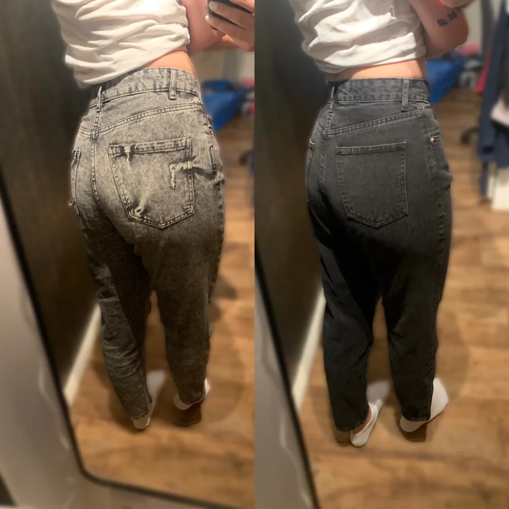 Två stycken jeans från FB Sister, svarta och gråa i mom’s fit. Inga defekter förutom att de är välanvända. Båda är i storlek S men de gråa sitter lite lösare.🩶. Jeans & Byxor.