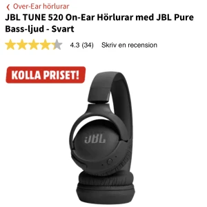 JBL 520BT  - Säljer mina jbl hörlurar i modellen 520BT on-ear som endast är använda en gång och har en helt orörd laddarsladd. kartongen är tyvärr slängd men har kvar den lilla tygpåse som de ligger i. säljer pga att jag köpte fel modell. skriv privat för fler bilder