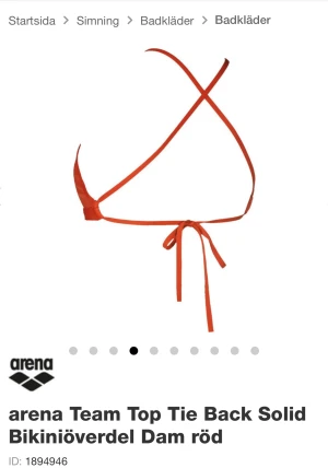 Arena bikiniöverdel  - Säljer min arena bikini som endast använts ett fåtal gånger. Bikinin är röd och går att knyta i ryggen därför är det lätt att justera den. Jag köpte den för 219 kr sommaren 2021 men den blev för liten för mig ganska snabbt så har inte änvänts sedan dess