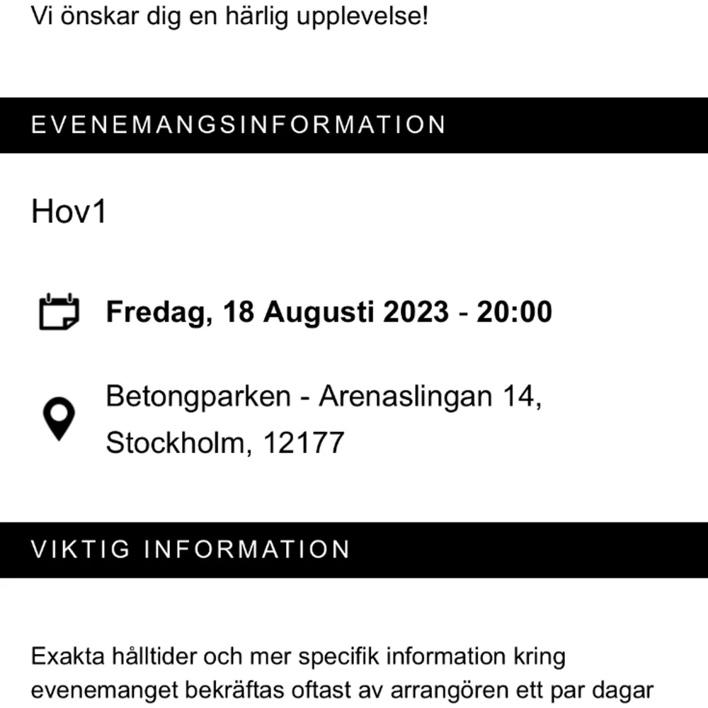 Säljer min biljett till hov1 konserten på betongparken i Stockholm! Slutsåld överallt!! . Övrigt.
