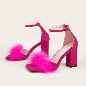 Pink Sandals 37 - Women Fluffy Decor Ankle Strap Sandals, Faux Suede Chunky Heeled  Funky Sandals