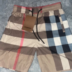 Burberry rutig shorts med snörning - Snygga Burberry shorts med klassiskt rutigt mönster i beige, brun, blå, vit och röd. De har elastisk midja med svart snörning och en bakficka. Materialet är lätt och känns som polyester, perfekt för sommaren. Ikonisk design som sticker ut och passar till chill stil.