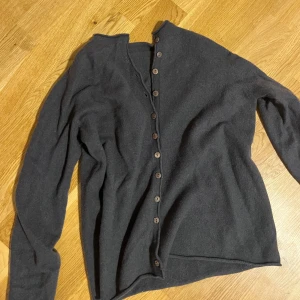 Mörkgrå kofta med knappar - Mysig svart kofta med långa ärmar och träfärgade knappar hela vägen framtill. Enkel och stilren design som passar perfekt till lager-på-lager. Materialet känns mjukt och värmande, perfekt för kyligare dagar.
