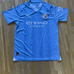 Manchester City blå fotbollströja Puma - Manchester Citys officiella fotbollströja från Puma i ljusblått med vita detaljer. Tröjan har korta ärmar, V-ringad krage och klubbmärke på bröstet. Materialet är lätt och andas, perfekt för match eller träning. Snyggt tryck med Etihad Airways på framsidan.
