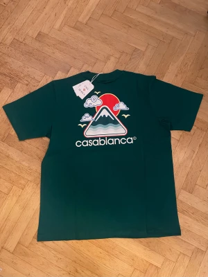 Grön Casablanca t-shirt med tryck - Snygg grön t-shirt från Casablanca med stort grafiskt tryck av berg, sol och moln på ryggen och mindre tryck på bröstet. Rund hals och korta ärmar. Tillverkad i 100% ekologisk bomull för skön känsla och stilren look.