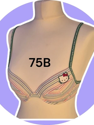 Hello Kitty behå 75B - Söt bh från Hello Kitty med tunna gröna axelband där det står 'Hello Kitty' i vitt. Bh:n har ett färgglatt randigt mönster i pastellfärger och en Hello Kitty-detalj på ena kupan. Perfekt för dig som gillar gulliga detaljer och färg. Varan är oanvänd och kommer från ett konkurslager från 2000-talet. I många fall är prislappen kvar (se bild). Har fler annonser och bra bundlerabatt vid köp av flera.