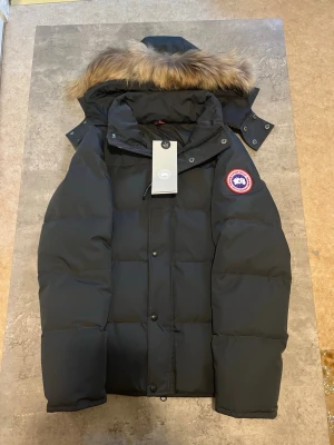 Canada Goose Pufferjacka - Säljer en svart pufferjacka från Canada Goose med avtagbar huva och äkta pälsdetalj. Jackan har klassisk patch på ärmen, dragkedja och knappar framtill. Perfekt för kalla vinterdagar. Jackan har en skadad knapp som inte går att knäppa men kan fixas lätt av att gå till ett skrädderi för att få den fixad för en liten peng. Den är väldigt varm och skön att ha på sig. 