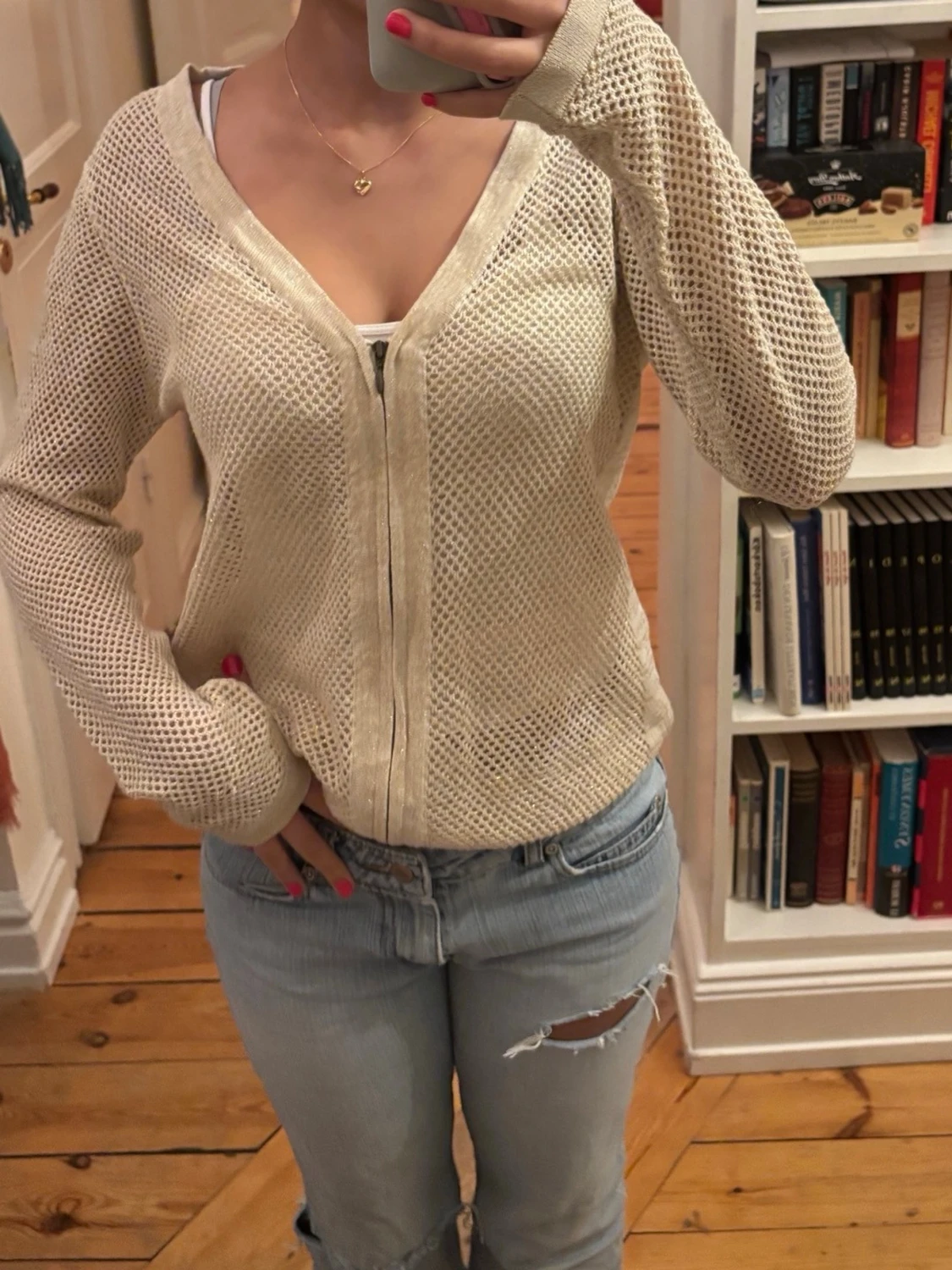 Beige mesh kofta med dragkedja