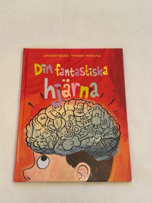 Barn bok: Din Fantastiska Hjärna - En färgglad och inspirerande bok med titeln 'Din fantastiska hjärna' av Lennart Widén och Thomas Fröhling. Omslaget har en tecknad hjärna och boken är inbunden med röd och orange framsida. Perfekt för dig som vill veta mer om hjärnan!