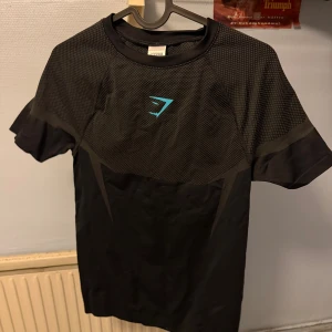 Gymshark Onyx V5 M - Sportig svart t-shirt från Gymshark med coolt meshparti upptill och blå logga på bröstet. Perfekt för gymmet eller träning, med korta ärmar och slim passform. Materialet är lätt och andas, vilket gör den skön att bära under intensiva pass.