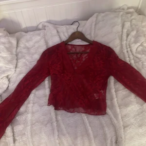 Röd blus med spets och volanger - Säljer en röd blus i transparent spets med v-ringning och långa ärmar. Blusen har snygga volangdetaljer framtill och ett romantiskt uttryck. Perfekt för dig som vill sticka ut med en cool och feminin look.