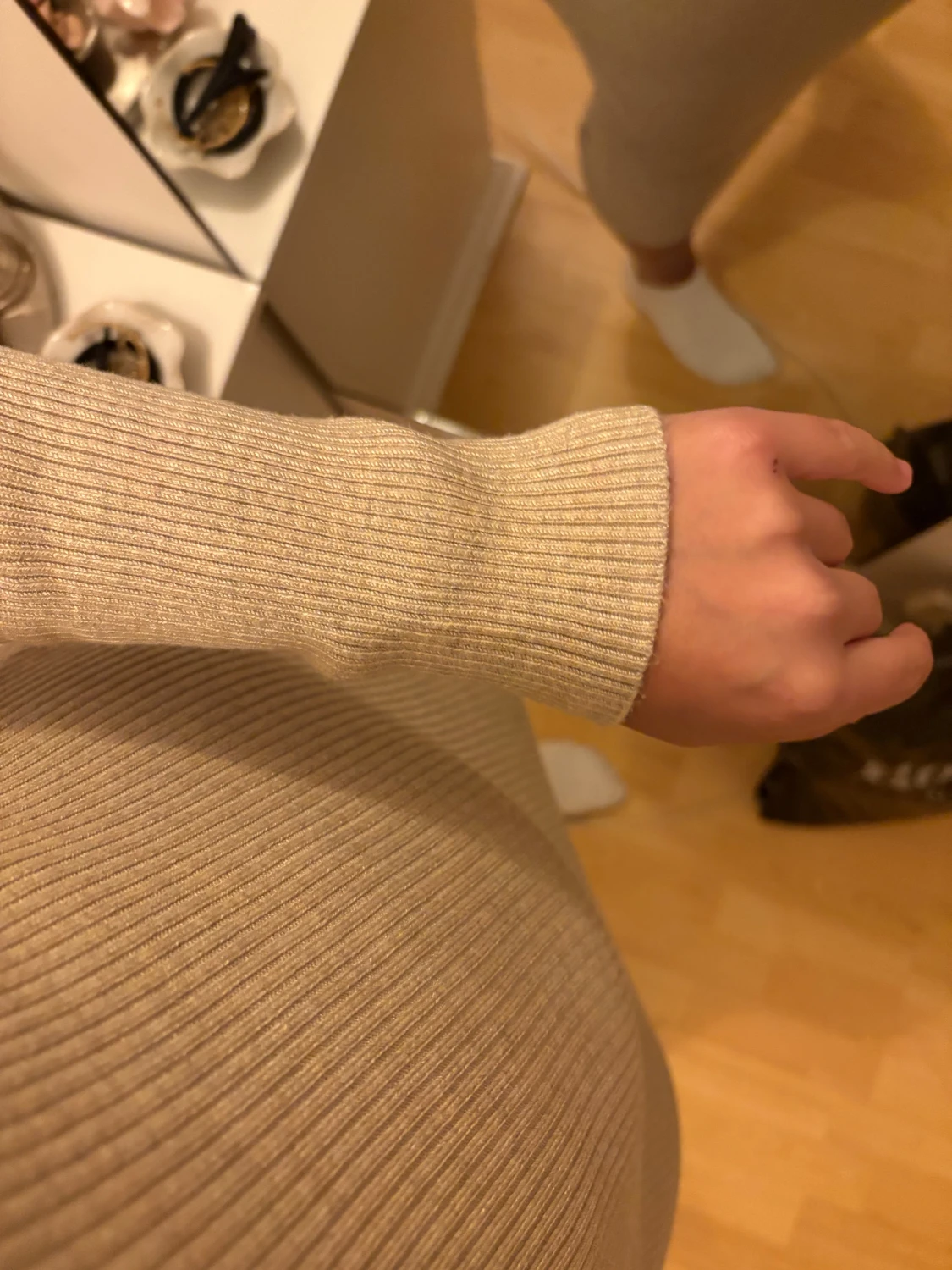 Beige ribbad långklänning - 4