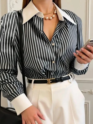 Svartvit randig skjorta med kontrastkrage - Snygg skjorta med svarta och vita vertikala ränder, stor vit kontrastkrage och breda manschetter. Skjortan har knappar framtill och är långärmad. Perfekt för en stilren och trendig look.🥰