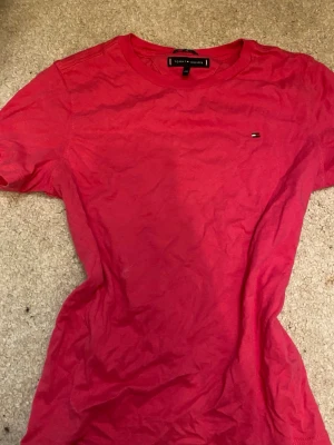 Rosa t-shirt från Tommy Hilfiger passar xs  - Pasar parkett de som bär xs🥰Säljer en röd t-shirt från Tommy Hilfiger med klassisk rund hals och korta ärmar. T-shirten har en liten broderad logga på bröstet och är gjord i mjuk bomull. Perfekt för dig som gillar stilrena och enkla plagg med en touch av märke.