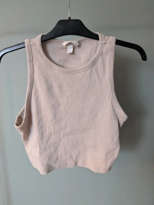 Beige ribbad croppad linnetopp - Säljer en beige croppad linnetopp från H&M i storlek L. Toppen är ribbad och ärmlös med rund halsringning. Perfekt till sommaren och enkel att matcha med olika stilar.