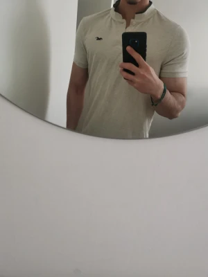 Ljusgrå Hollister t-shirt med knappar - Säljer en ljusgrå t-shirt från Hollister med korta ärmar och knappslå vid halsen. T-shirten har en liten svart logga broderad på bröstet och en ribbad krage med mörkblå kant. Skön stretchig bomull. Har använts vid 2 tillfällen så den är i väldigt bra skick! Storlek L men passar till M. Hör av dig vid frågor! 