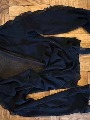 Svart volangblus med långa ärmar - Snygg svart blus i transparent polyester med volangdetaljer längs ärmar och kanter. Blusen har långa ärmar och en flowy, loose passform som ger en cool och trendig vibe. Perfekt att styla med jeans eller kjol för en chic look.