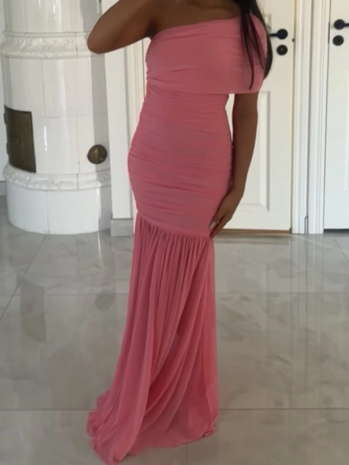 Rosa offshoulder långklänning - 1