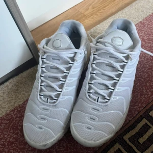 Nike Air Max Plus vita sneakers - Säljer ett par vita Nike Air Max Plus (Tn) sneakers med mesh-överdel och snygga vågformade detaljer. Skorna har snörning, platt sula och klassisk Tn-logga bak. Perfekta för dig som gillar streetstyle och vill ha en clean look.