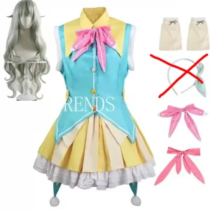 Nene project Sekai pjsk cosplay - Säljer en superfin cosplayklänning i kort modell med ärmlös design. Klänningen har turkos överdel, gul krage och kjol med lager i beige och vitt. Stor rosa rosett framtill och dekorativa knappar. Materialet är polyester och detaljerna är inspirerade av anime. Perfekt för konvent eller photoshoots! Du får allt i bilden som jag inte har kryssat. Inte använt mycket. Peruken kommer tvättats innan jag skickar!