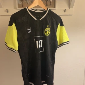 Borussia Dortmund Puma fotbollströja - Borussia Dortmund matchtröja från Puma i svart med gula detaljer på ärmarna och klubbmärke på bröstet. Kortärmad modell i lätt och ventilerande funktionsmaterial, perfekt för fotboll eller träning. Klassisk V-ringning och vita ränder på ärmslut och krage.