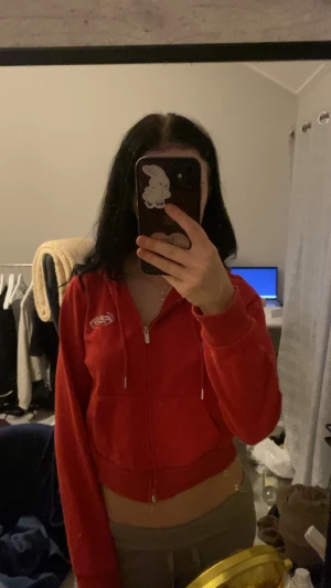 Röd Y2K hoodie - Säljer en röd hoodie med huva och snörning. Tröjan har dragkedja framtill, långa ärmar och två fickor. Perfekt för dig som gillar streetstyle och vill ha en chill look. Logga broderad på bröstet.