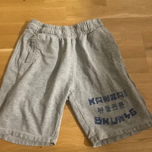 Grå sweatshorts med tryck - Grå mjuka sweatshorts från Kanzai med blått tryck och text på ena benet. Shortsen har elastisk midja och två sidofickor. Perfekta för chill dagar eller träning. Materialet är bomullsmix som känns skönt mot huden.