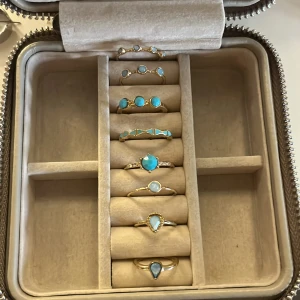 Set med guldiga ringar med blå stenar - Säljer ett set med åtta tunna guldiga ringar med blå och turkosa stenar i olika former. Går även att få separat då kostar de 50kr/ring