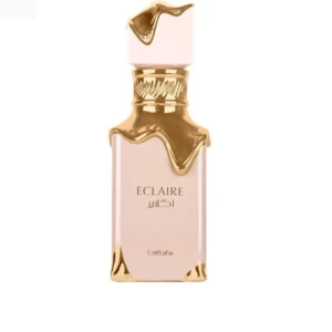 Lattafa Eclaire parfymflaska - Lyxig parfymflaska från Lattafa i ljusrosa glas med unika guldfärgade detaljer som ser ut att rinna ner över flaskan. Flaskan har en fyrkantig form och elegant design med texten Eclaire på framsidan.                                                     ORDINARE PRIS: 700