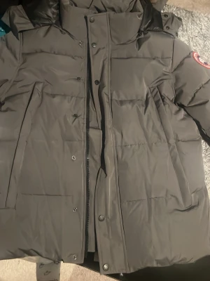Grå  dunjacka från Canada Goose S - Säljer en svart dunjacka från Canada Goose i storlek S. Jackan har puffer-design, huva med fuskpäls och klassisk logga på ärmen. Stängs med dragkedja och knappar framtill. Perfekt för kalla vinterdagar och riktigt varm.