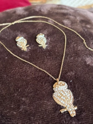 Super fin smyckesset uggla 🦉  - ett smyckeset med halsband och örhängen i form av ugglor, dekorerade med glittrande stenar och guldfärgad metall. Den är rostfri stål uggla 🦉 