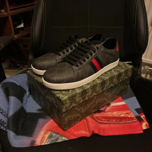 Gucci skor - Säljer dessa snygga Gucci ace skor i storlek 43, skorna har använts bara ett par gånger men insåg att dem var för små för mig då dem va it så bekväma och jag fick skavsår pga dem va för små för mig, extra snören, box osv kommer med, Pris kan diskuteras!! Tveka inte att skriva!!