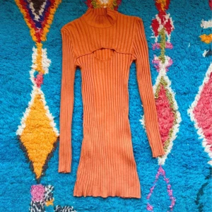 Ribbad orange långärmad klänning - Säljer en ribbad orange klänning med lång ärm och hög hals. Klänningen är kort och har en snygg figurnära passform som framhäver siluetten. Perfekt för dig som gillar färg och vill sticka ut lite extra.