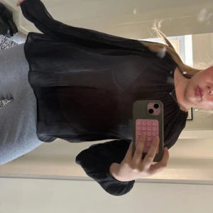 Svart transparent blus med lång ärm - Säljer en svart, transparent blus med lång ärm och lös passform. Blusen har rund halsringning och är tillverkad i ett tunt, lätt material som ger en luftig känsla. Perfekt för dig som gillar en stilren och trendig look.