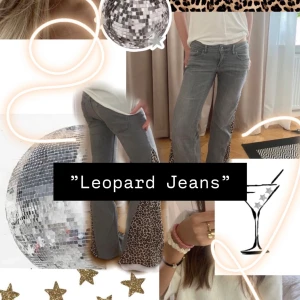 Leopard jeans! - Unika grå jeans som är utsydda till bootcut med leopardmönstrat tyg. De är lågmidjade och storleken är S. Säljer då de inte kommer till användning längre, bara att höra av er om ni har några frågor💗 kan även tänka mig sänka priset vid snabb affär!!