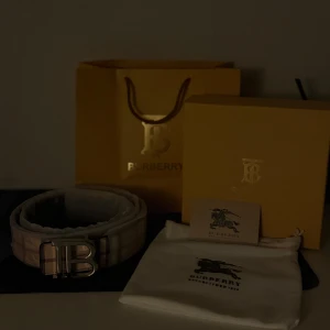 Burberry bälte - Snyggt Burberry-bälte i beige och brunt rutigt mönster med stor silvrig B-spänne. Tillverkat i exklusivt kalvskinn och levereras med originalpåse, ask och kvitto. Hör av dig vid fler frågor eller funderingar!